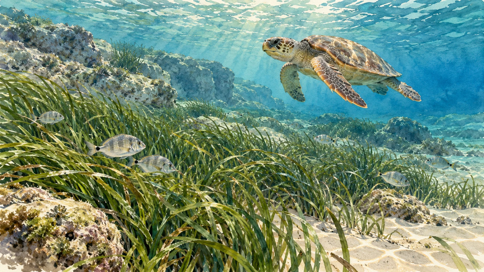 Geschilderde AI-impressie bij De zee rond Kreta · leven onder het blauw